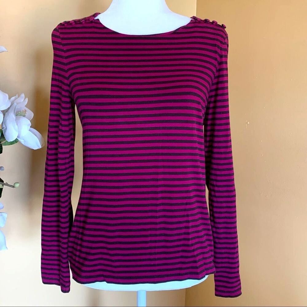 Anne Klein Top Size Medium Brown Pink Long Sleeve Striped Basic Comfort Top